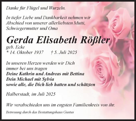 Traueranzeige von Gerda Elisabeth Rößler von Volksstimme Halberstadt