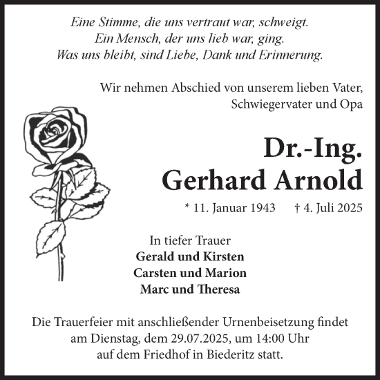 Traueranzeige von Gerhard Arnold von Volksstimme Burg/Genthin