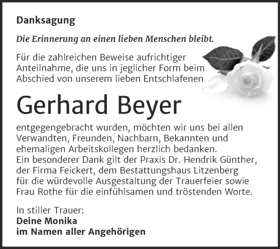 Traueranzeige von Gerhard Beyer von Super Sonntag Mansfelder Land