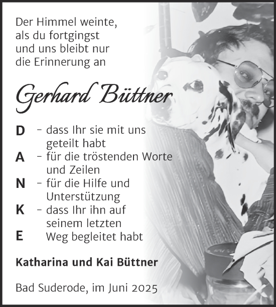 Traueranzeige von Gerhard Büttner von Trauerkombi Quedlinburg