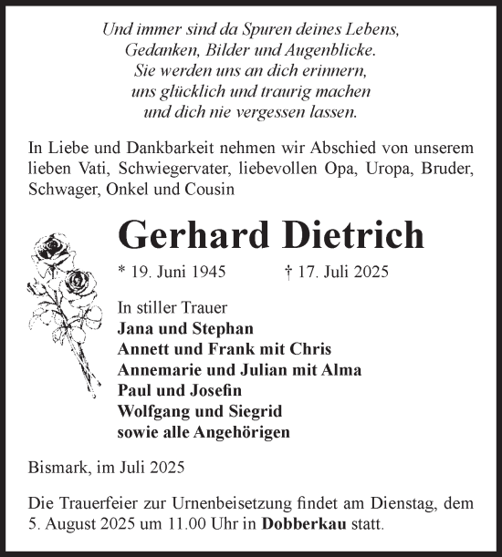 Traueranzeige von Gerhard Dietrich von Volksstimme Altmark Ost