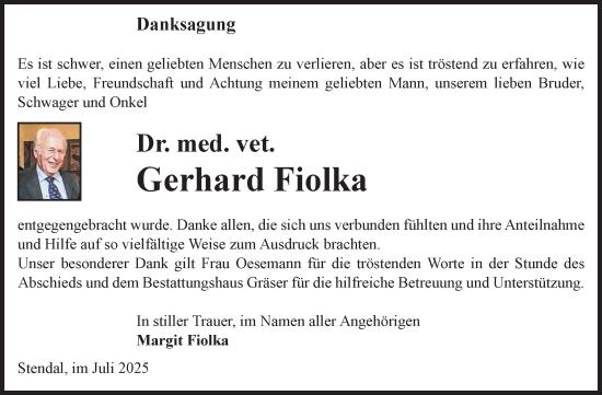 Traueranzeige von Gerhard Fiolka von Volksstimme Altmark Ost