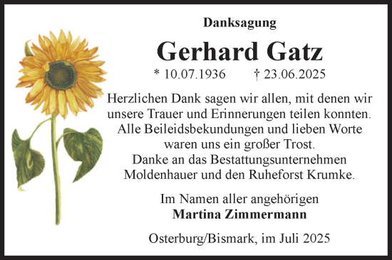 Traueranzeige von Gerhard Gatz von Volksstimme Altmark Ost