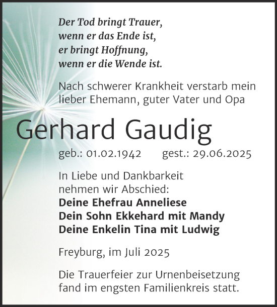 Traueranzeige von Gerhard Gaudig von Super Sonntag Naumburg/Nebra