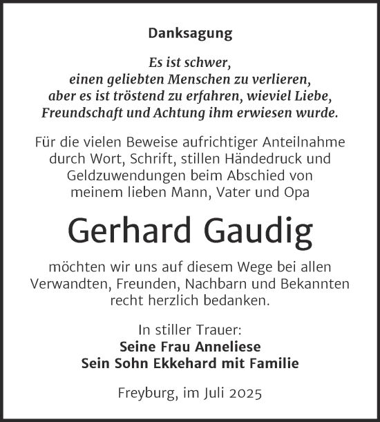 Traueranzeige von Gerhard Gaudig von Super Sonntag Naumburg/Nebra