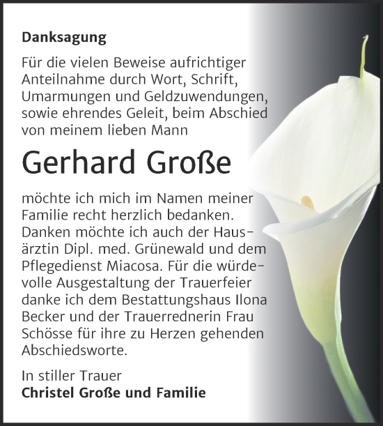Traueranzeige von Gerhard Große von Trauerkombi Sangerhausen