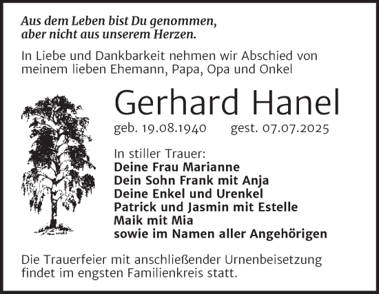 Traueranzeige von Gerhard Hanel von SuperSonntag Bitterfeld