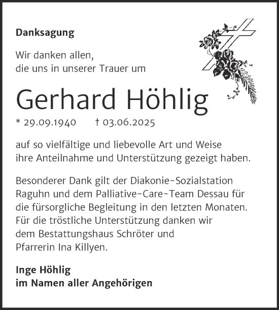 Traueranzeige von Gerhard Höhlig von Trauerkombi Bitterfeld
