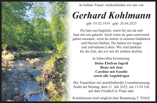 Traueranzeige von Gerhard Kohlmann von Trauerkombi Quedlinburg