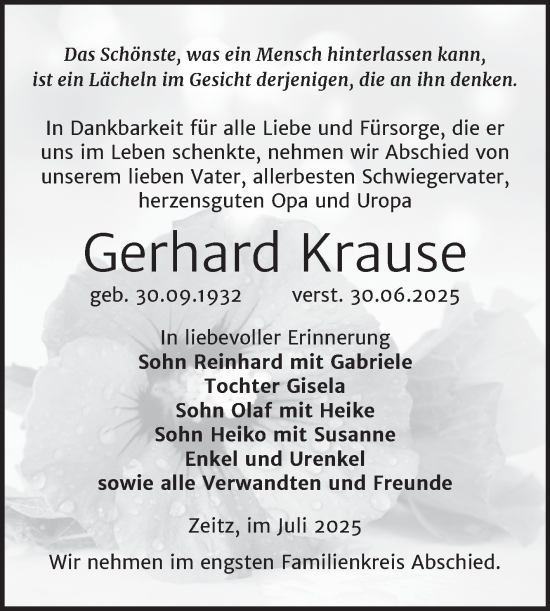 Traueranzeige von Gerhard Krause von Trauerkombi Zeitz