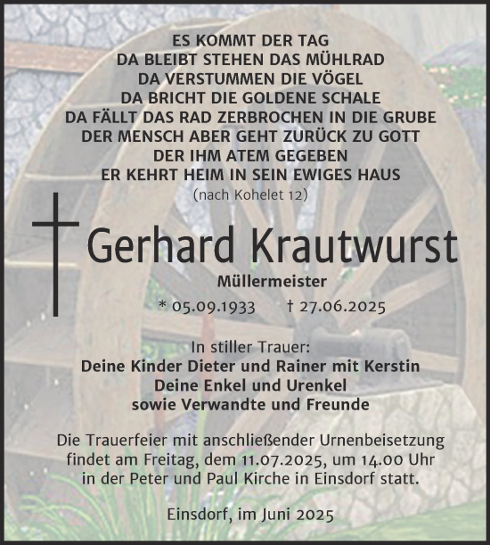 Traueranzeige von Gerhard Krautwurst von Trauerkombi Sangerhausen
