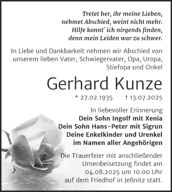 Traueranzeige von Gerhard Kunze von Trauerkombi Bitterfeld