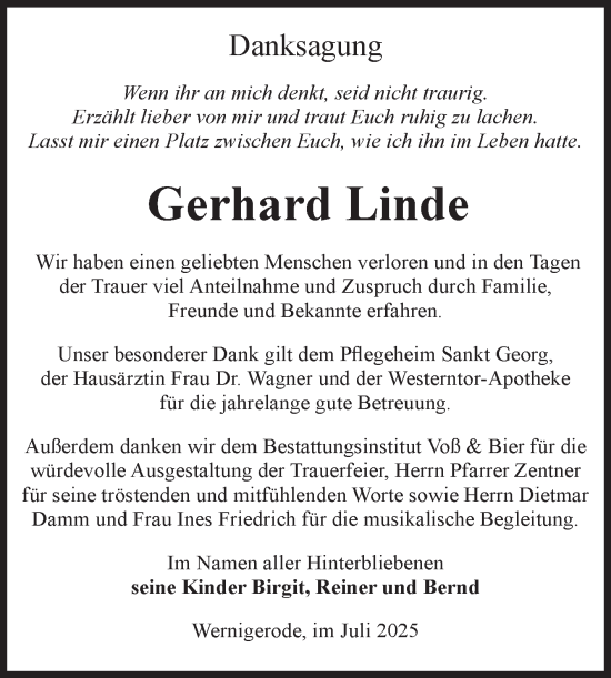 Traueranzeige von Gerhard Linde von Volksstimme Wernigerode