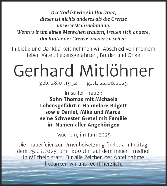 Traueranzeige von Gerhard Mitlöhner von Trauerkombi Merseburg