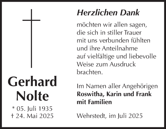 Traueranzeige von Gerhard Nolte von Volksstimme Halberstadt
