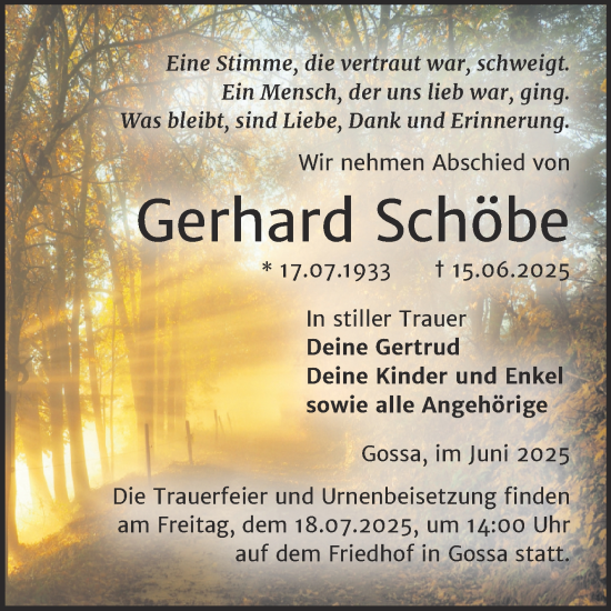 Traueranzeige von Gerhard Schöbe von Trauerkombi Bitterfeld