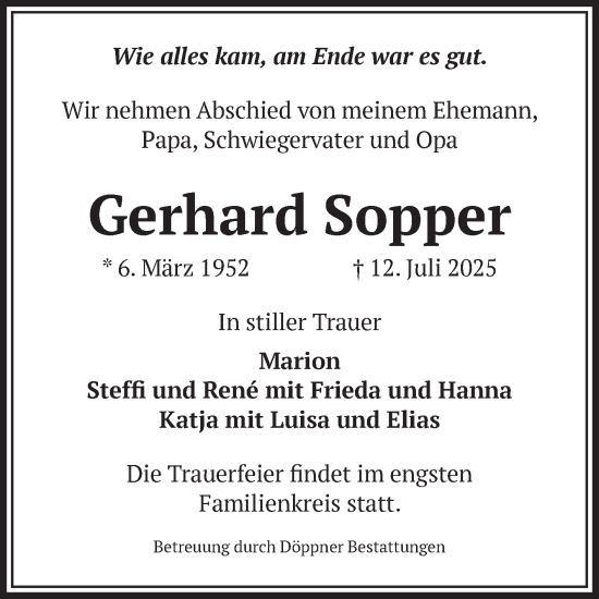 Traueranzeige von Gerhard Sopper von Volksstimme Oschersleben/Wanzleben