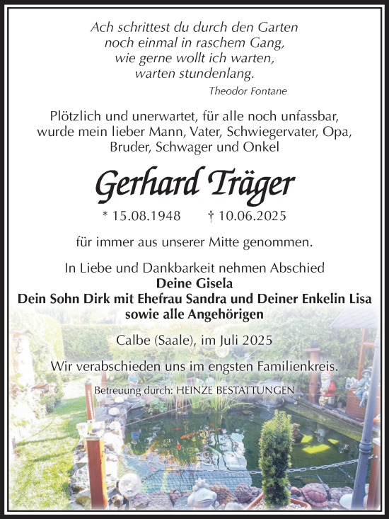 Traueranzeige von Gerhard Träger von Volksstimme Schönebeck
