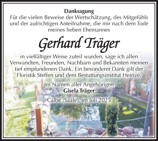 Traueranzeige von Gerhard Träger von Volksstimme Schönebeck