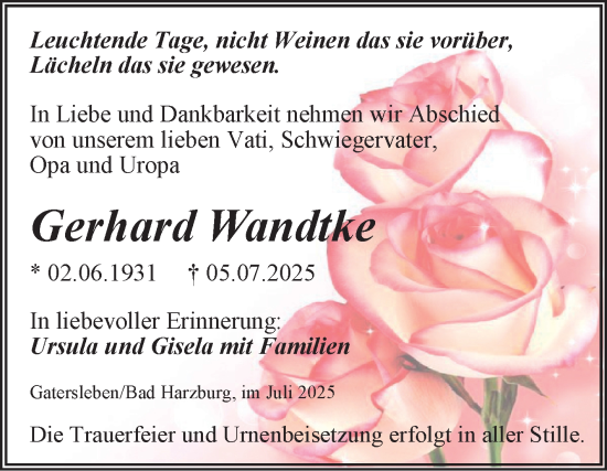 Traueranzeige von Gerhard Wandtke von Volksstimme Schönebeck