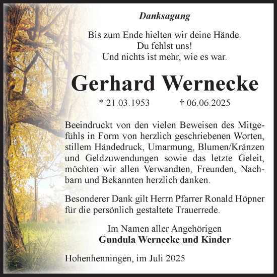 Traueranzeige von Gerhard Wernecke von Volksstimme Altmark West