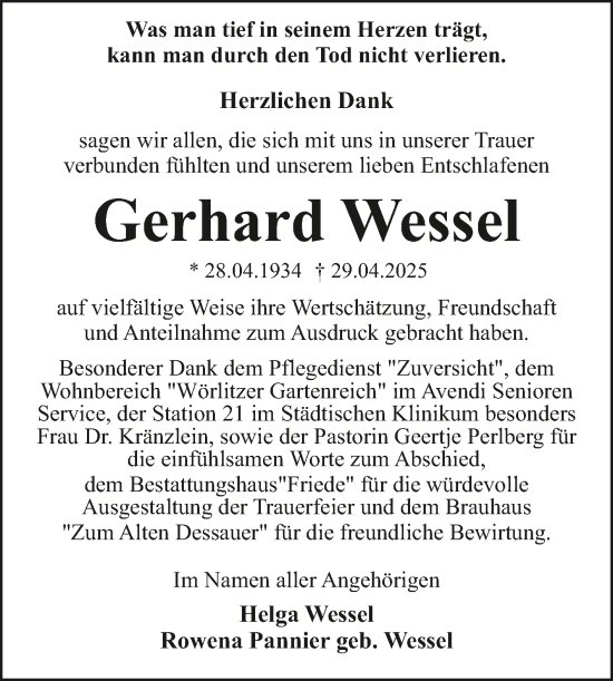 Traueranzeige von Gerhard Wessel von Super Sonntag Wittenberg