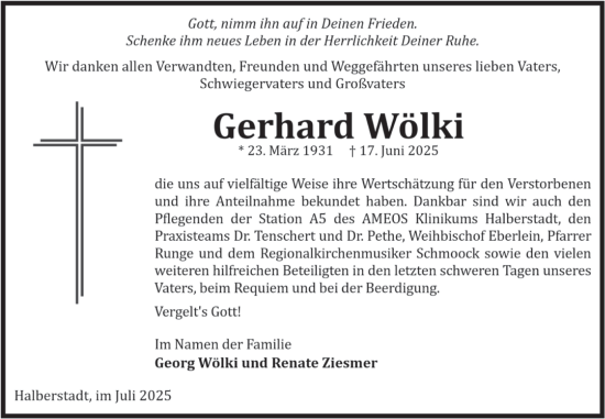Traueranzeige von Gerhard Wölki von Volksstimme Halberstadt