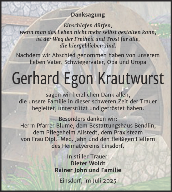 Traueranzeige von Gerhard Egon Krautwurst von Trauerkombi Sangerhausen