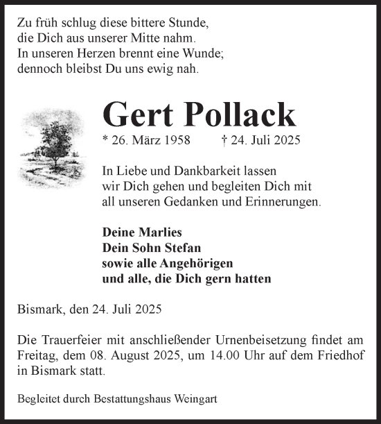 Traueranzeige von Gert Pollack von Volksstimme Altmark Ost