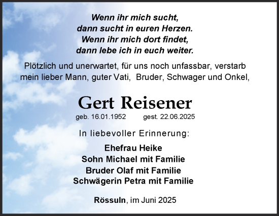 Traueranzeige von Gert Reisener von Trauerkombi Weißenfels