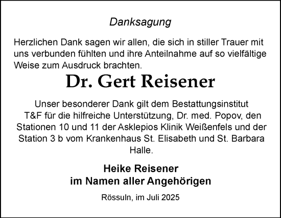 Traueranzeige von Gert Reisener von Trauerkombi Weißenfels