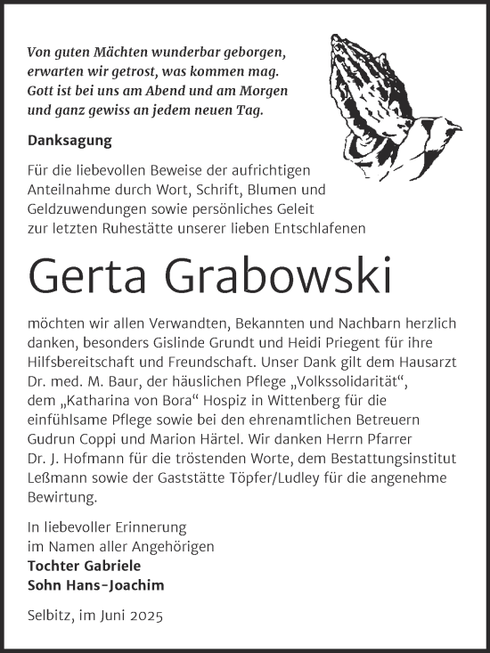 Traueranzeige von Gerta Grabowski von Trauerkombi Wittenberg