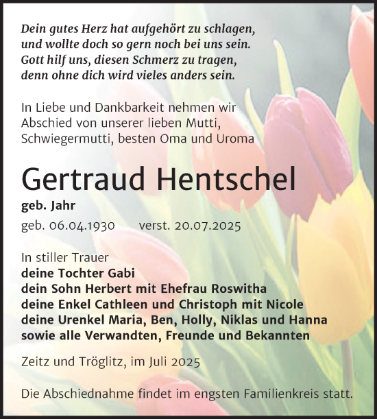 Traueranzeige von Gertraud Hentschel von Trauerkombi Zeitz