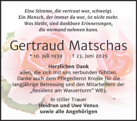 Traueranzeige von Gertraud Matschas von Trauerkombi Weißenfels