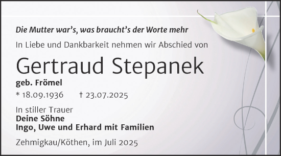 Traueranzeige von Gertraud Stepanek von Trauerkombi Köthen