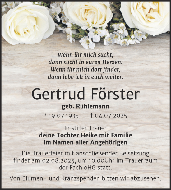 Traueranzeige von Gertrud Förster von Trauerkombi Merseburg