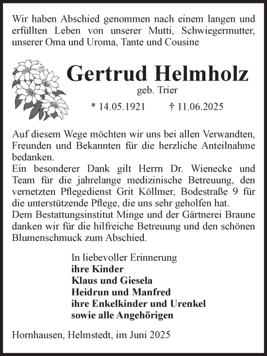 Traueranzeige von Gertrud Helmholz von Volksstimme Oschersleben/Wanzleben