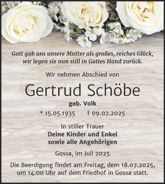Traueranzeige von Gertrud Schöbe von Mitteldeutsche Zeitung Bitterfeld