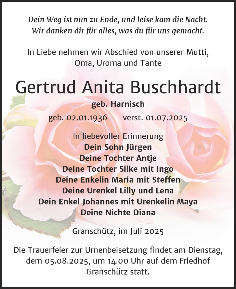  Traueranzeige für Gertrud Anita Buschhardt vom 12.07.2025 aus Trauerkombi Weißenfels