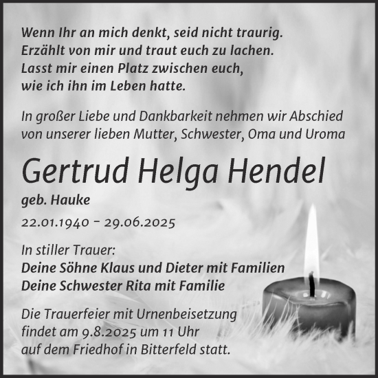 Traueranzeige von Gertrud Helga Hendel von Trauerkombi Bitterfeld
