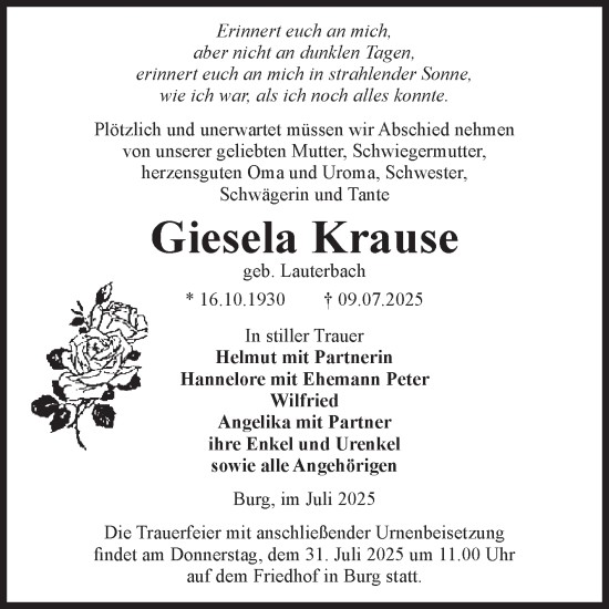 Traueranzeige von Giesela Krause von Volksstimme Burg/Genthin