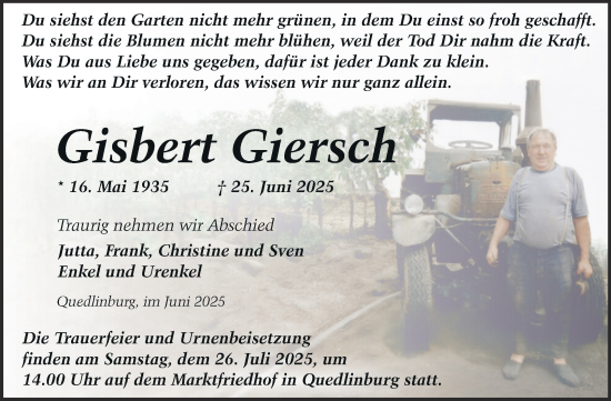 Traueranzeige von Gisbert Giersch von Trauerkombi Quedlinburg