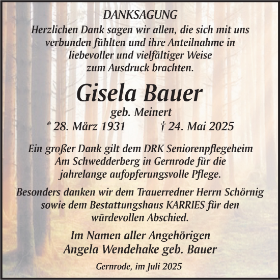 Traueranzeige von Gisela Bauer von Trauerkombi Quedlinburg
