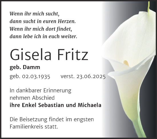 Traueranzeige von Gisela Fritz von Super Sonntag Naumburg/Nebra