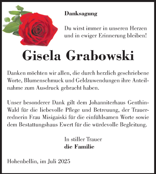 Traueranzeige von Gisela Grabowski von Volksstimme Burg/Genthin