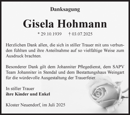 Traueranzeige von Gisela Hohmann von Volksstimme Altmark West