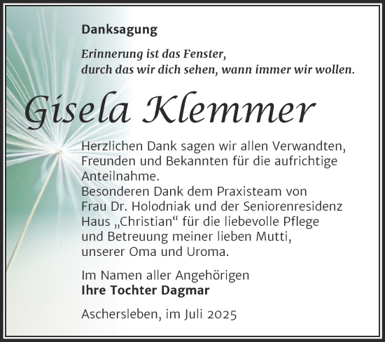 Traueranzeige von Gisela Klemmer von Trauerkombi Aschersleben