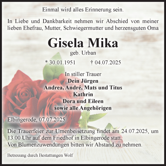 Traueranzeige von Gisela Mika von Volksstimme Wernigerode
