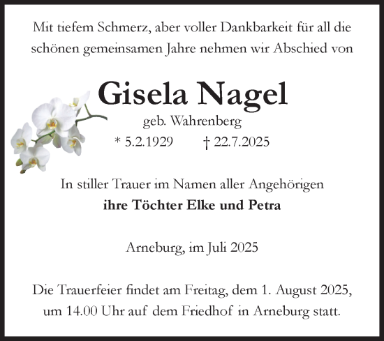 Traueranzeige von Gisela Nagel von Volksstimme Altmark Ost