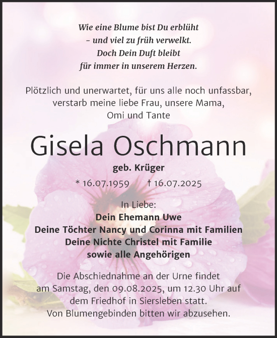 Traueranzeige von Gisela Oschmann von Trauerkombi Mansfelder Land